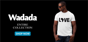 Man with sunglasses wearing a love Africa white tshirt. This image is the link to view the whole collection of Wadada.