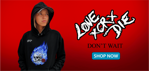 Blond girl wearing a love or die hoodie with blue flames. This image is linked to the LOVExORxDIE collection by fightingfortruth